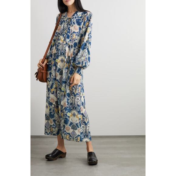 NWT See by Chloe Blue Tarot Lovers Crepe Lace Up Maxi Dress Size 34/US 2 - Picture 1 of 9